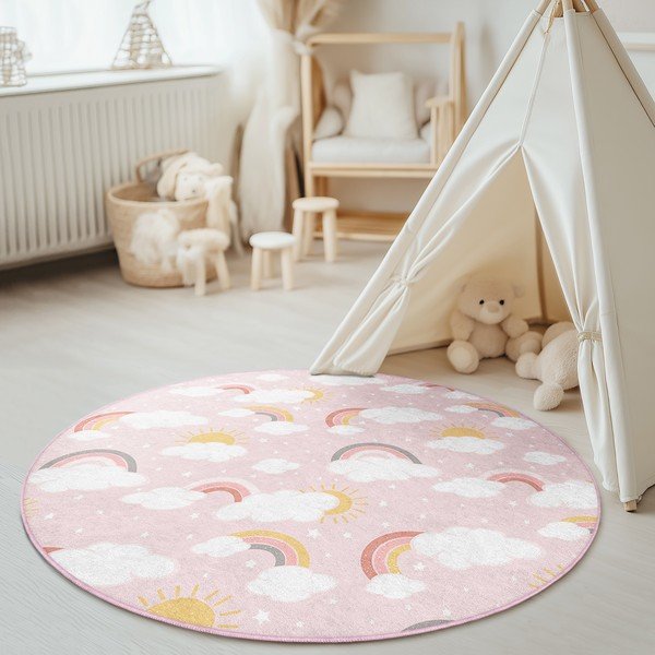 Rožnata pralna otroška preproga ø100 cm Rainbow World – Mila Home-image-1