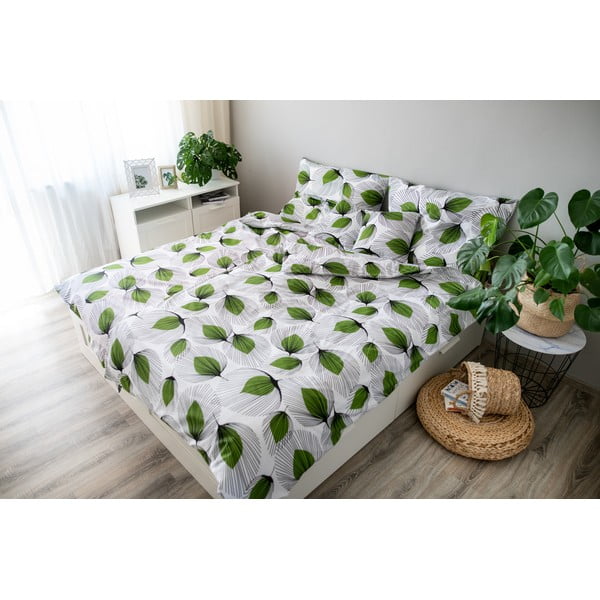 Zeleno-bela bombažna posteljnina Cotton House Green Leaf, 140 x 200 cm