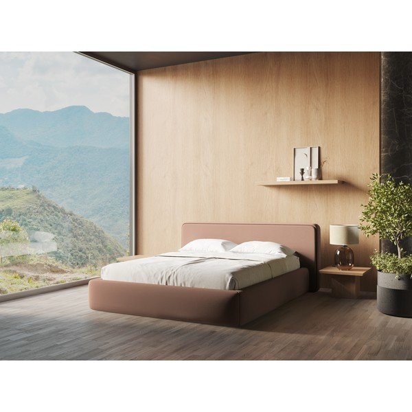 Svetlo rožnata oblazinjena zakonska postelja s prostorom za shranjevanje z letvenim dnom 160x200 cm Kiana – Makamii-image-1