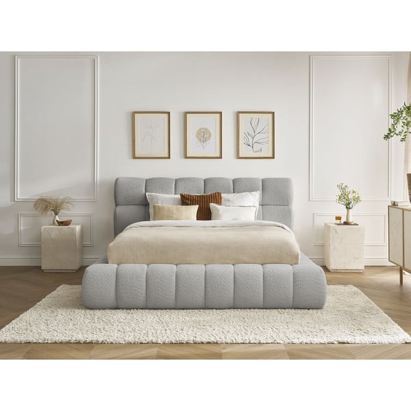 Svetlo siva oblazinjena zakonska postelja s prostorom za shranjevanje z letvenim dnom 180x200 cm Mont Blanc – Bobochic Paris-image-1