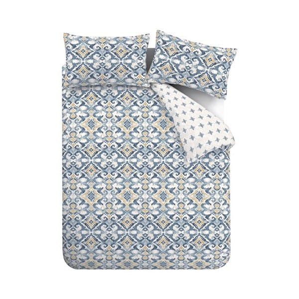 Modra/kremno bela posteljnina za zakonsko posteljo 200x200 cm Inara Ikat – Pineapple Elephant