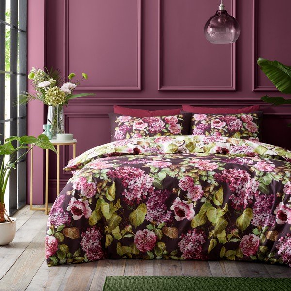 Vijolična bombažna posteljnina za zakonsko posteljo 200x200 cm Pia Floral – RHS-image-1