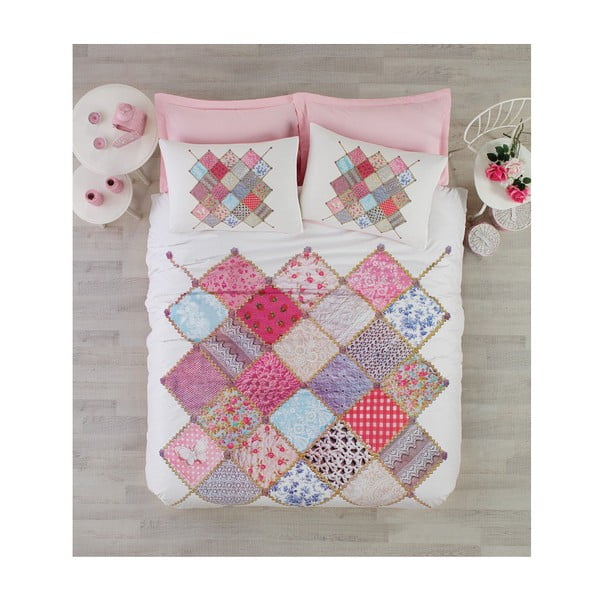 Roza bombažna posteljnina z rjuho za zakonsko posteljo Natali, 200 x 220 cm