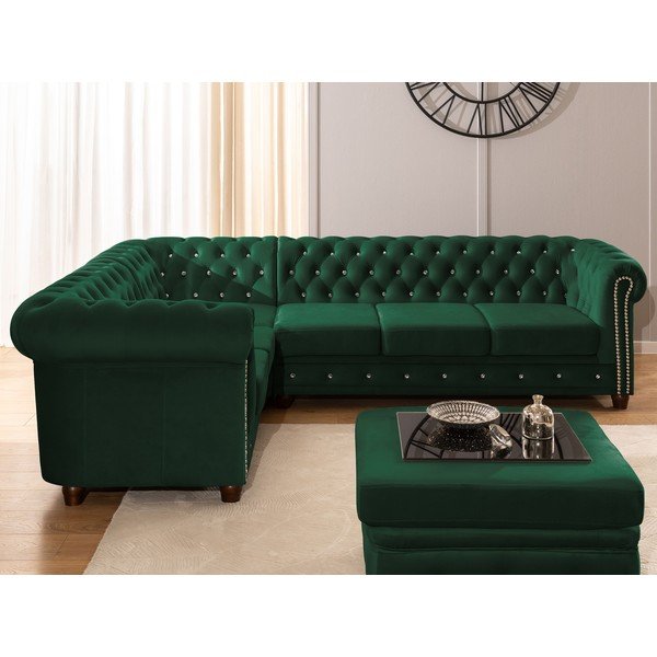 Zelena žametna raztegljiva kotna sedežna garnitura (levi kot/v obliki črke L) York Blik – Ropez-image-4