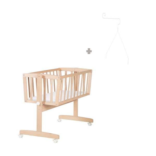 Zibelka iz masivne bukve na koleščkih z ogrodjem za baldahin 40x90 cm v naravni barvi Adam and Owl – Roba-image-4