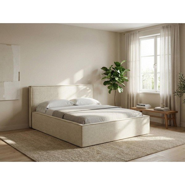 Sivorjava oblazinjena zakonska postelja s prostorom za shranjevanje z letvenim dnom 160x200 cm Anani – Makamii-image-1