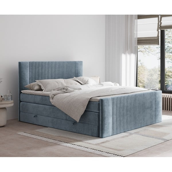 Modra boxspring postelja s prostorom za shranjevanje 160x200 cm Bergamo – Maison de Rêve-image-1