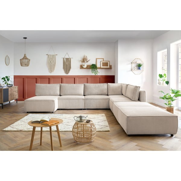 Kremno bela kotna sedežna garnitura iz rebrastega žameta (v obliki črke "U"/s kotom po izbiri) Nihad modular – Bobochic Paris-image-1