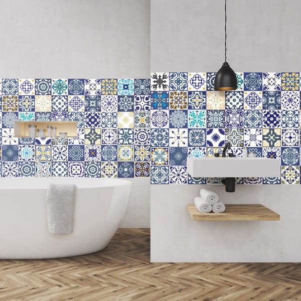Komplet 60 stenskih nalepk Ambiance Azulejos Ciper, 10 x 10 cm