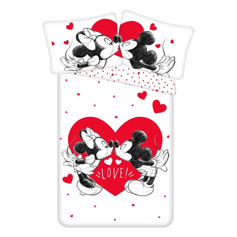 Rdeče-bela enojna bombažna otroška posteljnina 140x200 cm Mickey and Minnie "Love"