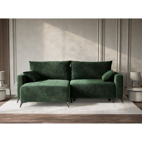 Temno zelena raztegljiva/s prostorom za shranjevanje kotna sedežna garnitura iz šenilje (levi kot/z ležalnikom) Leon – Maison de Rêve-image-1