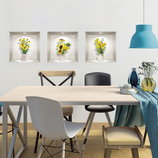 Komplet 3 3D stenskih nalepk Ambiance Yellow Flowers-image-1