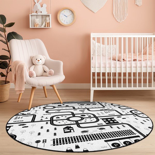 Črno-bela pralna otroška igralna preproga ø100 cm In My Town – Mila Home-image-4