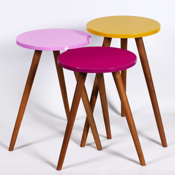 Komplet 3 okroglih stranskih mizic Kate Louise (vijolična, roza, rumena)