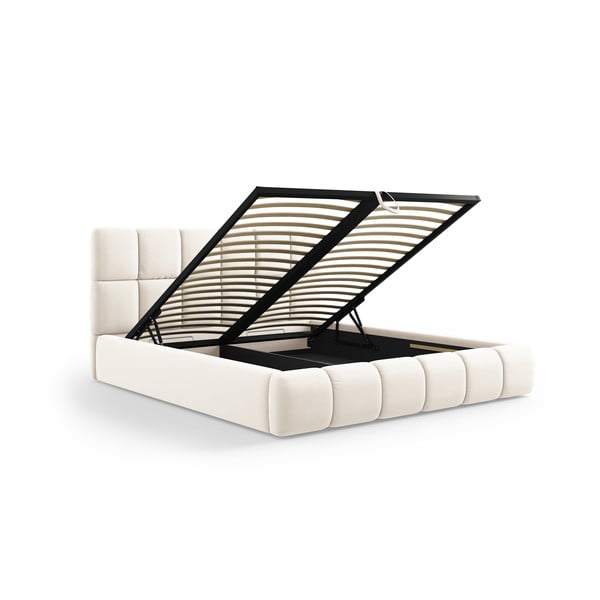 Kremno bela žametna oblazinjena zakonska postelja s prostorom za shranjevanje in z letvenim dnom 180x200 cm Bellis – Micadoni -image-2