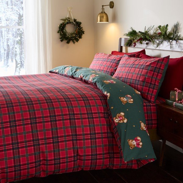 Rdeča/temno zelena enojna posteljnina 150x120 cm Christmas Tartan Teddy Bear – Catherine Lansfield-image-1