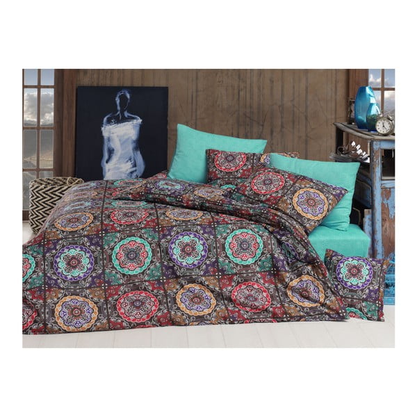Bombažno posteljno perilo z rjuho za enojno posteljo Indian, 160 x 220 cm