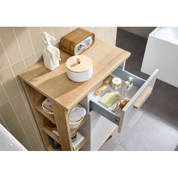 Kremno bela/naravna nizka kopalniška omarica v hrastovem dekorju 50,5x89,5 cm Quickset 966 – Pelipal-image-3