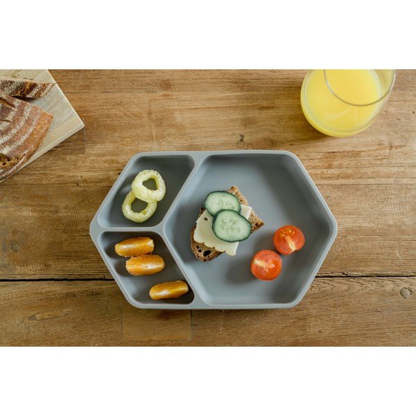 Siv silikonski otroški krožnik 16x25 cm – Kindsgut-image-1