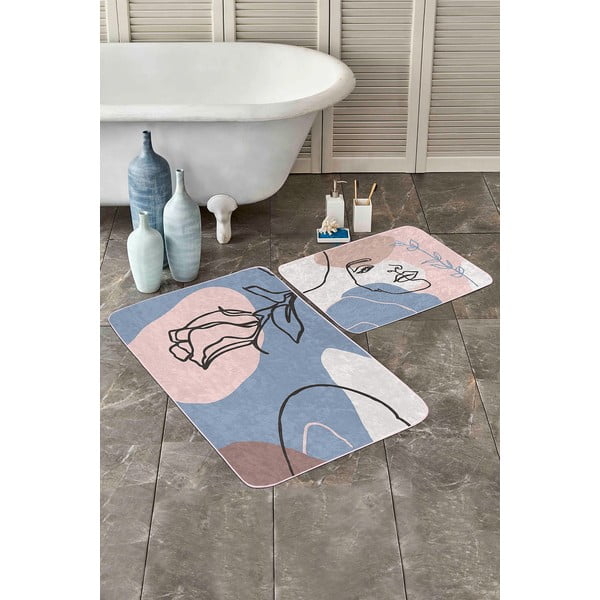 Modre/rožnate žametne kopalniške preproge v kompletu 2 ks 60x100 cm Abstract Faces – Mila Home-image-2