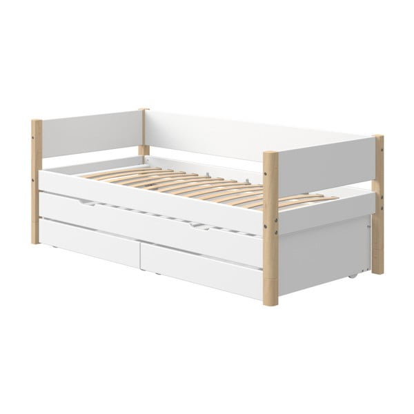 Bela otroška postelja z dodatnim izvlečnim ležiščem in prostorom za shranjevanje ter nogami iz brezovega lesa Flexa White