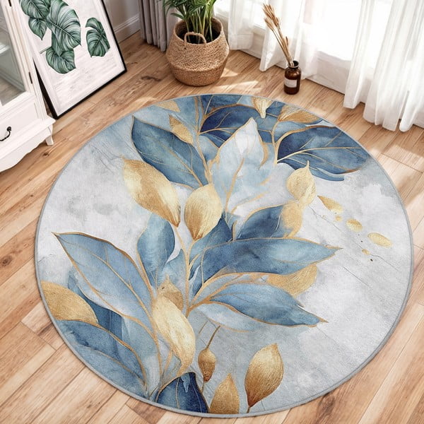 Modra/zlata pralna okrogla preproga ø 120 cm Golden Leaves – Mila Home-image-2