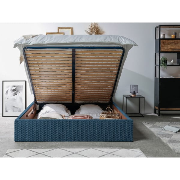 Temno modra oblazinjena zakonska postelja s prostorom za shranjevanje in letvenim dnom 160x200 cm Adele - Bobochic Paris-image-3