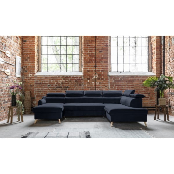 Temno modra žametna raztegljiva kotna sedežna garnitura (desni kot/v obliki črke "U") Sweet Harmony – Miuform-image-1