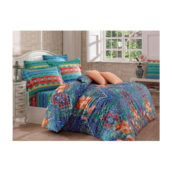 Modro posteljno perilo za zakonsko posteljo Odette, 200 x 220 cm