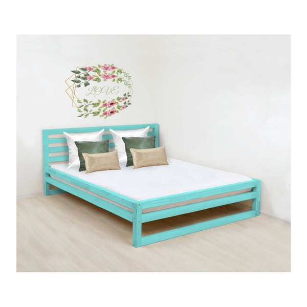Turkizno modra lesena zakonska postelja Benlemi DeLuxe, 190 x 180 cm