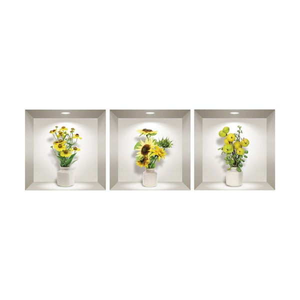 Komplet 3 3D stenskih nalepk Ambiance Yellow Flowers-image-2