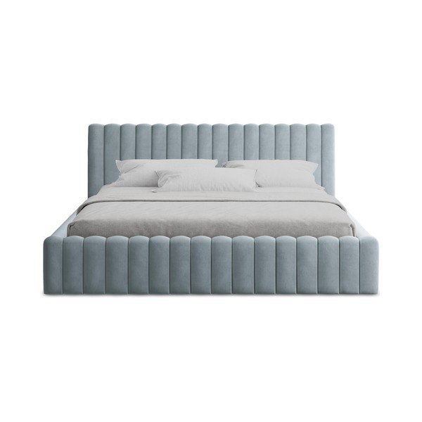 Svetlo modra oblazinjena zakonska postelja s prostorom za shranjevanje z letvenim dnom 160x200 cm Lemi – Makamii-image-4