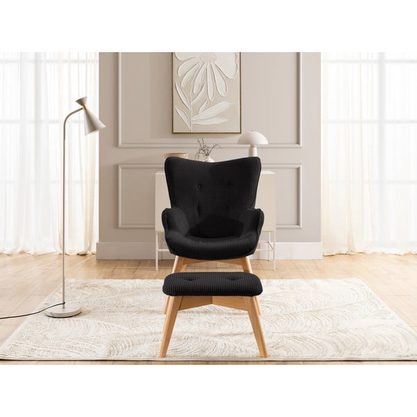 Črn fotelj z naslonjalom za noge iz rebrastega žameta Niko – Ropez-image-1
