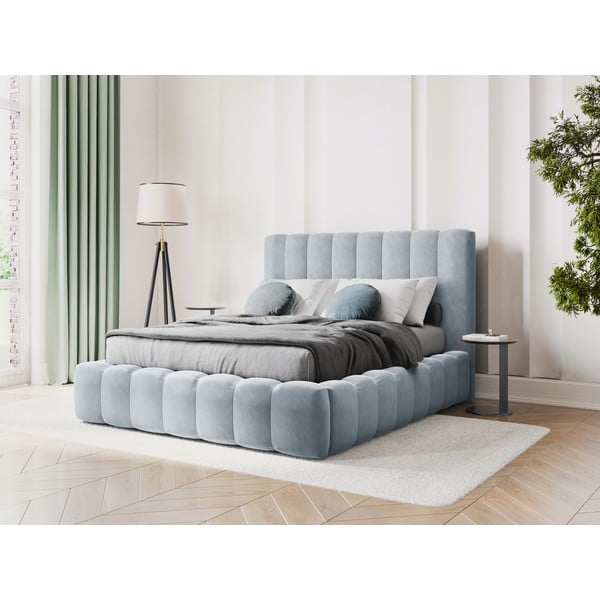 Svetlo modra oblazinjena zakonska postelja s prostorom za shranjevanje z letvenim dnom 180x200 cm Kelp - Micadoni Home-image-1