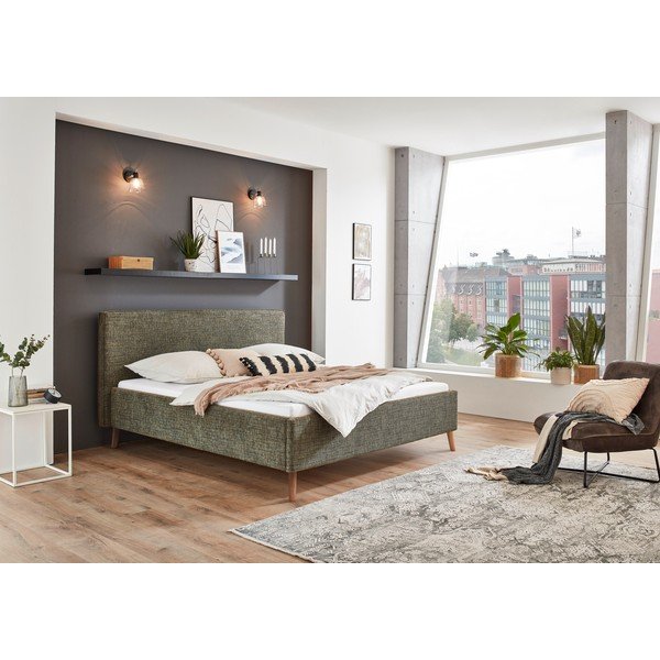 Temno zelena oblazinjena zakonska postelja s prostorom za shranjevanje z letvenim dnom 160x200 cm Riva – Meise Möbel-image-1