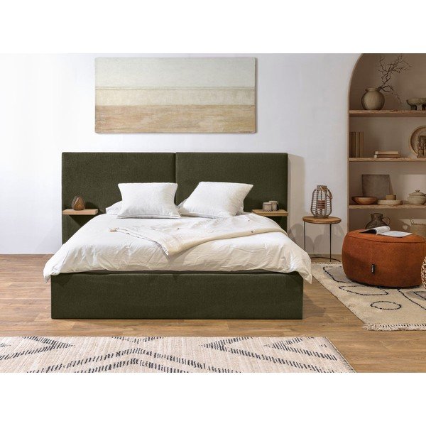 Temno zelena oblazinjena zakonska postelja s prostorom za shranjevanje in letvenim dnom 160x200 cm Blandine – Bobochic Paris-image-1