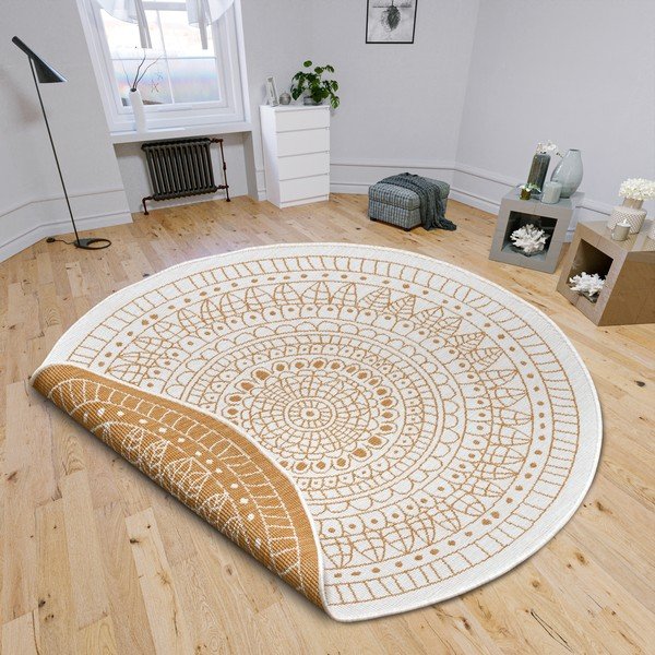 Oker/bela okrogla zunanja preproga ø 140 cm Porto – NORTHRUGS-image-1