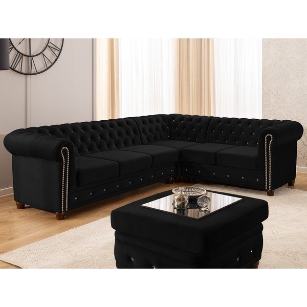 Črna žametna raztegljiva kotna sedežna garnitura (desni kot/v obliki črke L) York Blik – Ropez-image-1