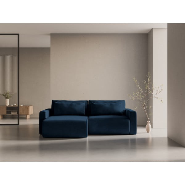 Temno modra žametna raztegljiva kotna sedežna garnitura s prostorom za shranjevanje Belfast – Cosmopolitan Design-image-1