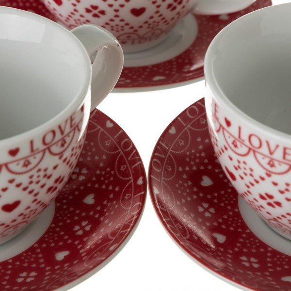 Rdeče-beli komplet 4 porcelanskih skodelic za čaj s stojalom Unimasa-image-2