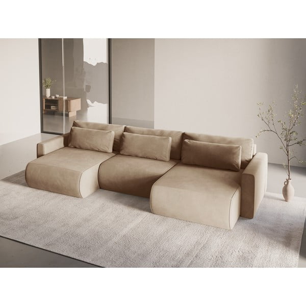 Svetlo rjava žametna raztegljiva kotna sedežna garnitura s prostorom za shranjevanje (v obliki črke "U") Belfast – Cosmopolitan Design-image-1