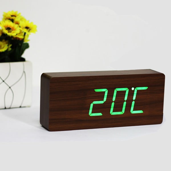 Temno rjava budilka z zelenim zaslonom LED Gingko Slab Click Clock-image-1