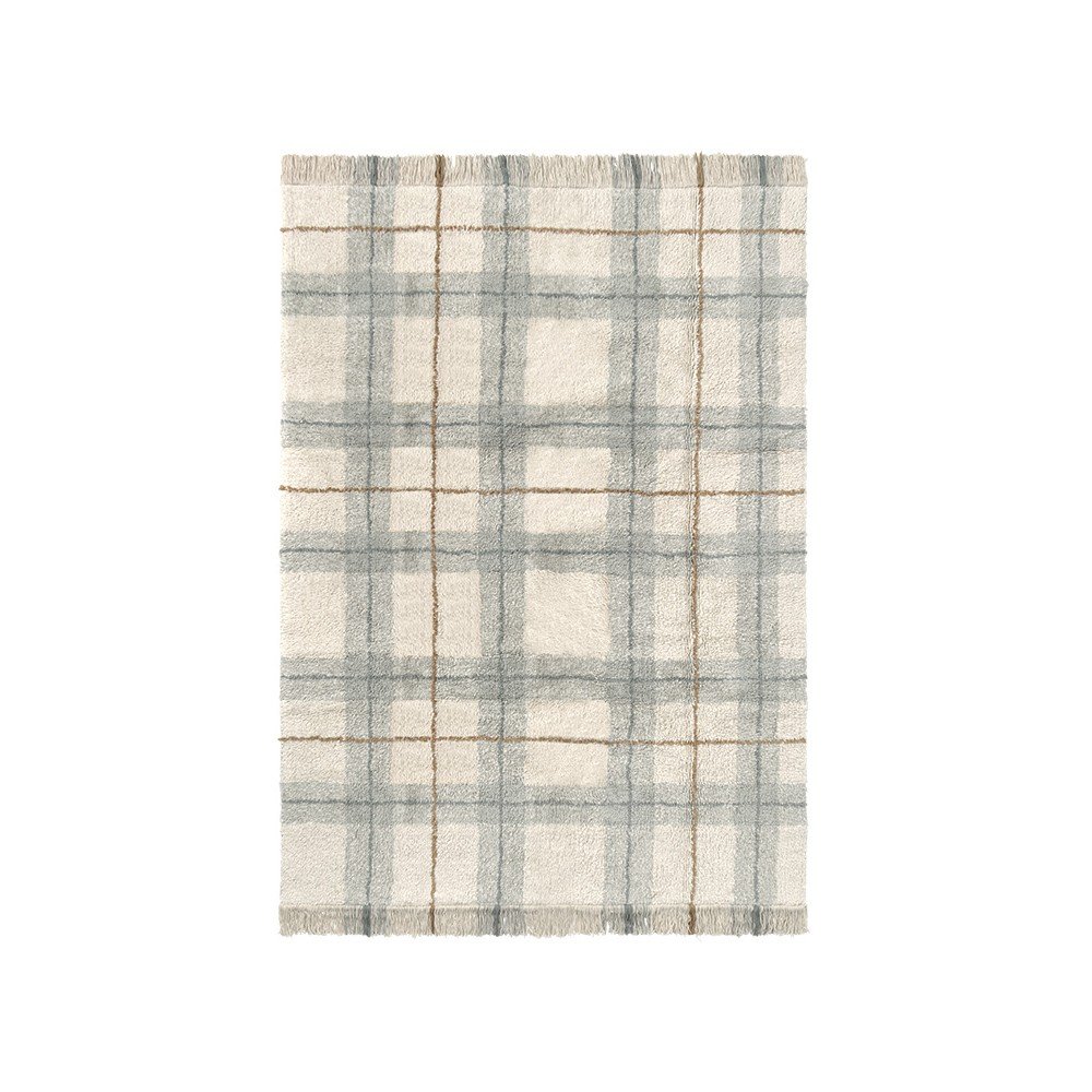 Kremno belo-žajbljevo pralna ročno tkana bombažna preproga Tartan Blue Sage
