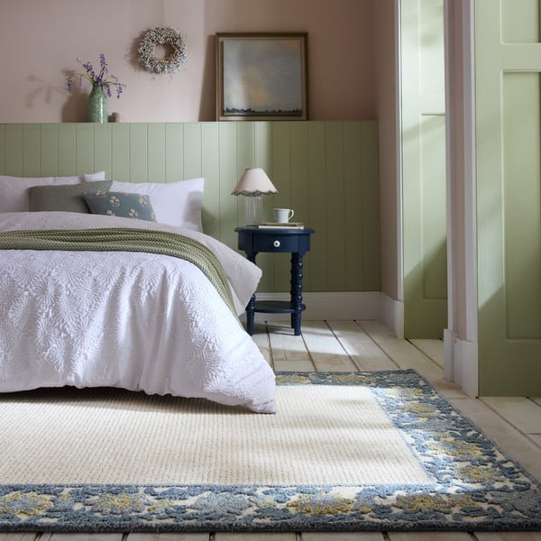 Modro-slonokoščeno bela ročno tkana preproga iz mešanice volne 160x230 cm Myla Floral Frame – Flair Rugs-image-1