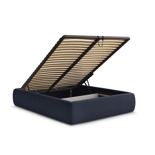 Temno modra oblazinjena zakonska postelja s prostorom za shranjevanje brez vzglavja z letvenim dnom 160x200 cm Inera – Bobochic Paris-image-3