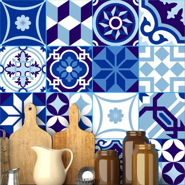 Komplet 16 stenskih nalepk Ambiance Stenske nalepke ploščice Azulejos Shade of Blue, 20 x 20 cm