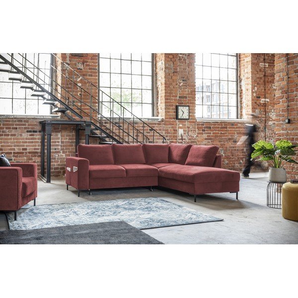 Rožnata žametna raztegljiva kotna sedežna garnitura (desni kot) Lofty Lilly – Miuform-image-3