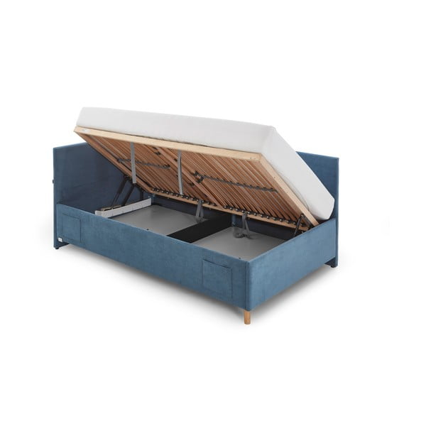 Modra oblazinjena kotna otroška postelja s prostorom za shranjevanje z letvenim dnom 140x200 cm Cool – Meise Möbel-image-4