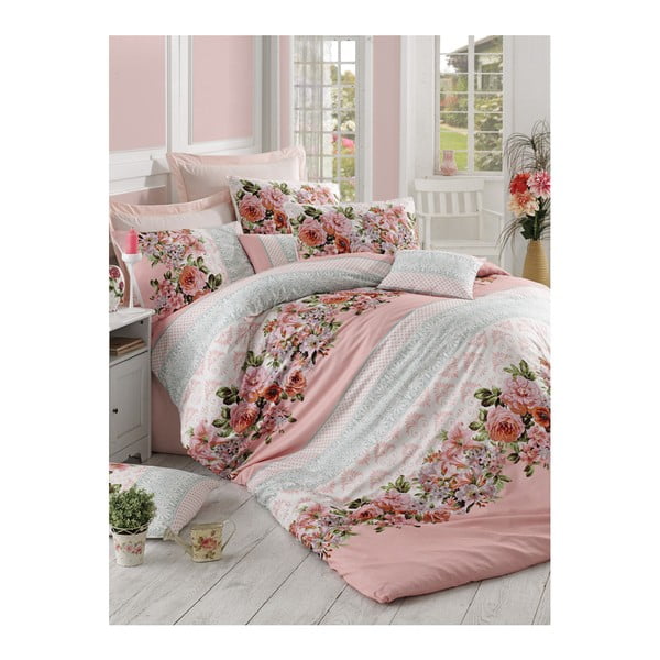 Posteljno perilo za zakonsko posteljo z motivom cvetja z rjuho Zgodovina, 200 x 220 cm
