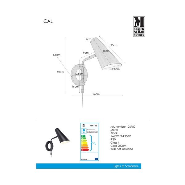 Črna stenska svetilka z vtikačem ø 9,5 cm Cal – Markslöjd-image-2